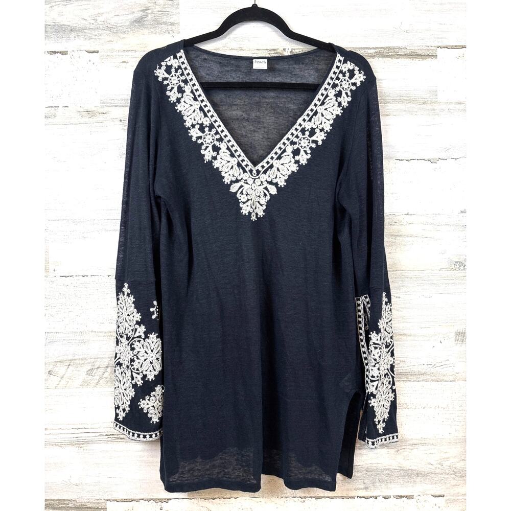 INC Beach Womens L Black White Beaded Linen Cover Up Boho Long Sleeve
